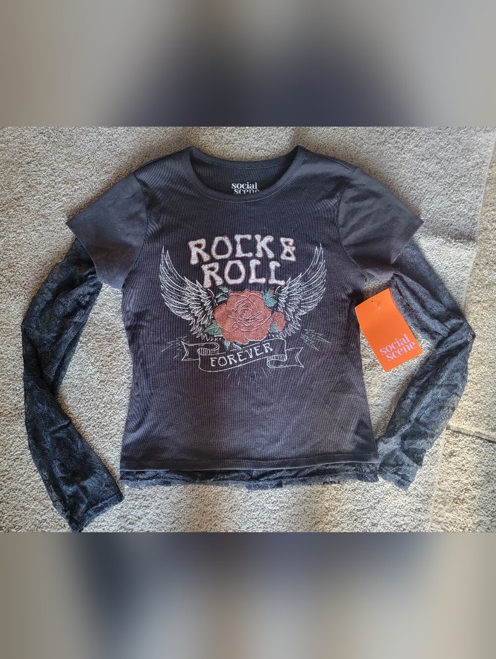 Black 'Rock & Roll Forever' Lace Arms  Trim Layered-Look Long Sleeve Top Xl